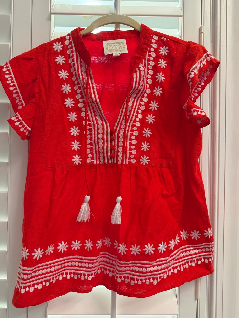 Sail to Sable Bright Red Embroidered V-Neck Tunic